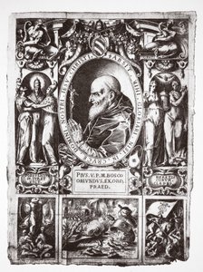 教皇ピウス5世、レパントの戦いのビネット、Vita del Gloriosissimo Papa Pio Quinto（パブ）から。 1586年 作： Italian School