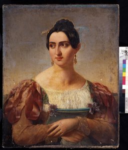 ""Portrait of a Woman"" (女性の肖像) イタリアの貴族の若い女性で、肩にリボンが付いたドレスを着ています。 19世紀初頭のイタリア派の絵画。 プーシキン美術館、モスクワ