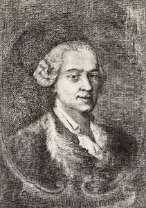 カルロ・ゴルドーニ（1707-1793）の肖像、イタリアの劇作家、ジャンバッティスタ・ピアゼッタの絵画とE・キシメネスのデッサンからマルコ・ピッテリが彫ったもの、『L
