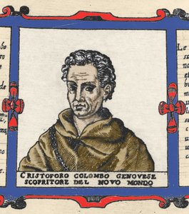 クリストファー・コロンブス（1451-1506）の肖像、「ウルバノ・モンテの地図」の細部 作： Italian School