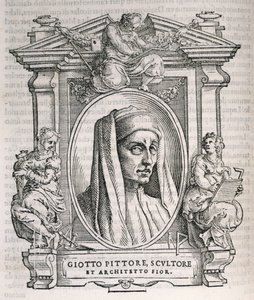 1550年に出版されたVasaris Lives of the Artistsのジョットディボンドーネの肖像（c.1267-1337） 作： Italian School