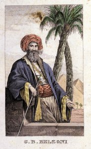 イタリアの探検家・考古学者で、エジプトで重要な考古学的発見をしたジョヴァンニ・バッティスタ（ジャンバティスタ）・ベルゾーニ（1778-1823）の肖像。エングレーヴィング（ミラノ、ベルゾーニ著『Viaggio in Egitto e in Nubia』所収 作： Italian School