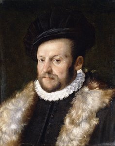 ひげを生やした紳士の肖像、バスト丈、白の襟付きの黒のジャケットを身に着けている、 作： Italian School