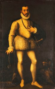 刺繍された白いジャーキン、マントと剣を身に着けている紳士のフルレングスの肖像、c.1580 作： Italian School