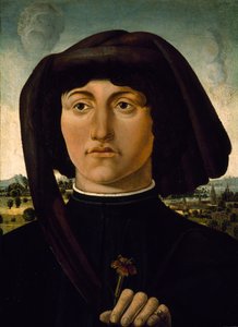ピンクの花を持つ若い男の肖像、1475〜85年頃（木のテンペラ） 作： Italian School