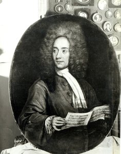 楽譜を持っている作曲家Tomaso Giovanni Albinoni（1671-1751）の肖像 作： Italian School