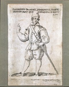 ナポリの漁師で革命家のマサニエッロ（1623-1647）の肖像（マサニエッロの肖像、ナポリの漁師で1647年にナポリでハプスブルグの支配に反抗した反乱の指導者）。17世紀のエングレーヴィング Museo Nazionale di San Martino Naple 作： Italian School