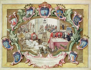 1739年にボローニャの科学研究所を訪れたポーランドのフレデリック・クリスチャン王子（水彩・紙