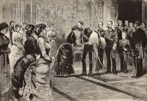 マルゲリータ王妃とウンベルト1世がイタリア・ローマのクイリナーレでドイツの皇太子（後のフリードリッヒ3世）を迎え入れる様子、ダンテ・パオロッチの図面からのエングレーヴィング、『L