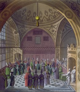 コンスタンティノープルのスルタンの大宰相による西側大使の歓迎、1820年頃（カラー彫刻） 作： Italian School