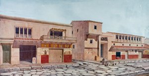 ポンペイのアボンダンツァ通り（北側）の復元、ヴィットリオ・スピナッツォーラ1910-23年による発掘調査の記録からのイラスト、ローマ1953年出版（カラーリトグラフ）