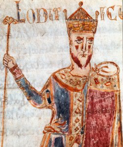 シャルルマーニュの息子、ルイ1世（778年〜840年）の肖像」 ロサリ王が設立したロンバルディア王国の法律を記した「Codex Legum Longobardorum（またはLangobardorum）」から引用したミニチュア。