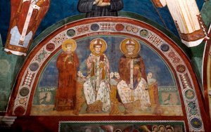 キリスト教殉教者聖ステファノ、カンタベリー大司教聖トマス・ベケット（1118-1170）、マイラまたはバリの聖ニコラス（270-345）の表現 無名のフレスコ画（13世紀） 下部教会。聖ベネデット修道院（サクロ・スペコ）、スビアコ（ローマ 作： Italian School