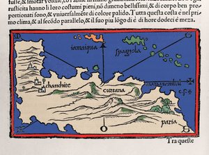 カリブ海の島々とベネズエラの海岸線を表現。ベネデット・ボルドーネ作「Isolario（島々の地図）」。ベニス 1547年