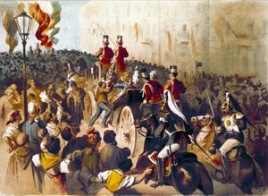 ジョヴァンニ・パッサナンテ（1849-1910）が1878年にナポリでイタリア王ウンベルト1世（ハンバート1世）を襲撃した際の様子を表現したもの。この出来事に触発された詩人ジョヴァンニ・パスコリ（1855-1912）が頌歌を書いています。19世紀のエングレーヴィング