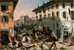 1848年の革命、ミラノの5日間：3月22日のヴェルチェリーナ門広場のバリケード（絵画 作： Italian School