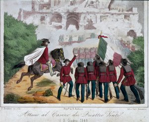 リソルジメント、ローマ共和国（Repubblica romana）：1849年3月6日、ローマのクアトロ・ヴェンティの別荘を奪還しようとするジュゼッペ・ガリバルディ軍の兵士たち（馬に乗って）。石版画 ローマ リソルジメント博物館（Museo Nazionale del Risorgimento 作： Italian School
