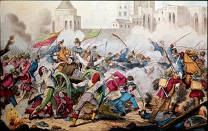 リソルジメント。1860年5月26日のパレルモの戦い。千人隊の遠征（赤シャツ）。ジュゼッペ・ガリバルディ（1807-1882）はパレルモとの間で、反乱を起こした民衆がナポリのブルボン王国の兵士と戦うために彼に加わった。19世紀のエングレーヴィング 作： Italian School