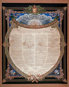 リソルジメント：2つのシチリア王フェルディナンド2世（1810-1859）が1847年に公布した憲法のこと。ナポリ、サンマルティーノ国立博物館 イタリア 作： Italian School