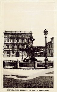 ローマ：バルベリーニ広場の「トリトンの泉」（リトグラフ 作： Italian School