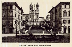 ローマ：スペイン階段とトリニタ・デイ・モンティ教会（リトグラフ 作： Italian School