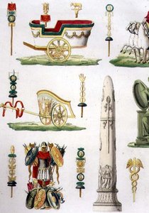ローマの戦車、トロフィー、軍事モニュメント、「諸国民の歴史」第1部第5級プレート20の詳細、マルコ・コミラート（1800年頃～69年）の彫刻（アクアチント）（93291も参照） 作： Italian School