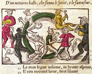 魔女たちとの安息日の儀式。スウェーデンの宗教家・地理学者であるオラウス・マグヌス（1490～1557）の版画「Historia de Gentis Septentrionalibus」（ヴェネツィア）。 作： Italian School