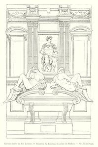 サン・ロレンツォの新聖具室、ジュリアーノ・デイ・メディチの墓、ミケランジェロ作（エングレーヴィング 作： Italian School
