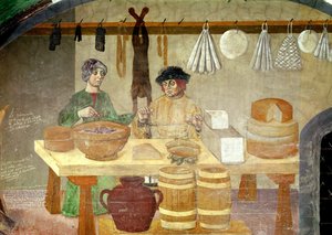 ソーセージとチーズの売り手 (フレスコ画) 作： Italian School