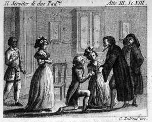 カルロ・ゴルドーニ（1707-1793）の喜劇作品『アルレッキーノは二人の主人に仕える』（1745年）の第3幕第13場。18世紀のエングレーヴィング 作： Italian School