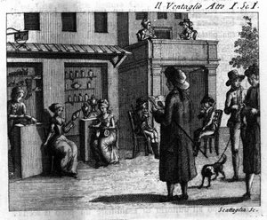 カルロ・ゴルドーニ（1707-1793）の喜劇作品「Il ventaglio」（1764年）の第1幕第1場。18世紀のエングレーヴィング 作： Italian School