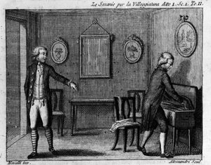 カルロ・ゴルドーニ(1707-1793)の喜劇作品「La smania per la villeggiatura」(La ville)(1761)の第1幕第1場。18世紀のエングレーヴィング。 作： Italian School