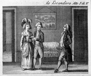 カルロ・ゴルドーニ（1707-1793）の作品「La locandiera」（1753年）の第1幕第5場。18世紀のエングレーヴィング 作： Italian School