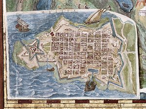 マルタの包囲、「地理マップのギャラリー」からの詳細、1580-83 作： Italian School