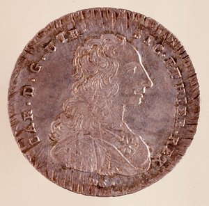 ナポリの銀製ピアストラ：スペインのカルロ3世（シャルル3世）の時代（1716-1788）と肖像。1750.直径4cm ナポリ、ムゼオ・アルケオロジコ 作： Italian School