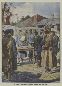第一次バルカン戦争、アドリアノープル包囲戦でブルガリアの軍事法廷に裁かれる兵士たち（カラーリトグラフ）