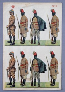 アスカリの軍服を着た兵士たち、切り絵の兵士たち、金彩リトグラフプリント、ステラ社製、イタリア、20世紀 作： イタリア語学校