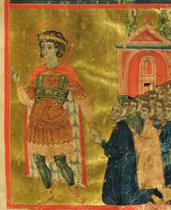 1350年にマリエゴラから聖セオドアに祈る兄弟たち（ベラムのインクと金箔） 作： Italian School