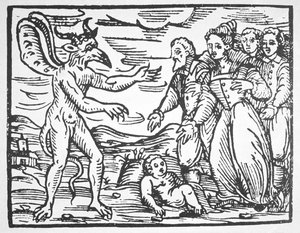 19世紀後半に出版された魔法の歴史に描かれた、M。グアッチウス神父（1608）のマレティカルム大要から、悪魔に子供を紹介する魔術師 作： Italian School
