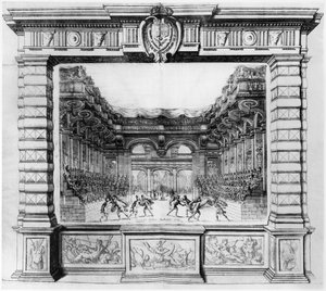 1654年にパリのプティブルボン劇場で1645年に行われたラフィンタパッツァのためのジャコモトレリ（1608-78）によるステージデザイン 作： Italian School