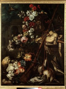 花とゲームとライフルの静物画 17世紀のイタリア派の絵画 - 日 1,18x0,91 m バイヨンヌ、ボナ美術館 作： Italian School