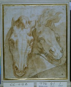 二頭の馬の頭部の習作（黒と赤のチョーク、紙 作： Italian School