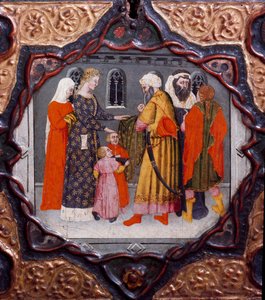 10 日目、9 番目のニュース: メッサー トレッロとサラディン (1138-1193) の日 (Salah al Din Yusuf al-Ayyubi (al Ayyubi)。ジョヴァンニ ボッカッチョ (ジャン ボッカッチョ) (1313-1375) による「デカメロン」を示す塗装ボックス15 世紀のフィレンツェ、国立馬術博物館