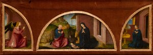 受胎告知（左と右の半月）と降誕（中央の月）、1480年頃（パネルに油彩） 作： Italian School