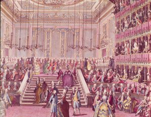 1782年1月22日、18世紀後半のヴェネツィアのサンブノワ劇場でのボール 作： Italian School