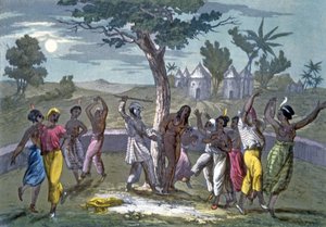 J. Ferrario、パブによる衣装の歴史からマンゴ公園の旅行によると、Mombo-Jomboのダンス。 1820年頃