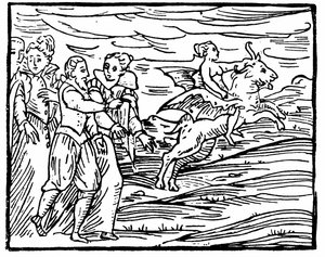 フランシスコマリアグアッツォ作「Compendium Maleficarum」のイラスト、安息日に魔女を運ぶ空飛ぶ山羊の形をした悪魔、1608年