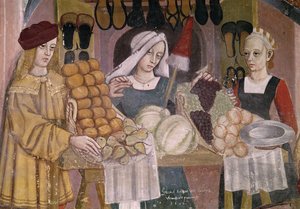 果物売りの屋台、「果物と野菜の市場」の一部 (フレスコ画) 作： Italian School