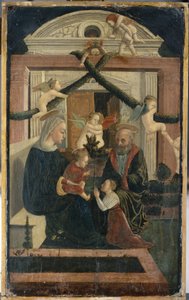 寄付者が祈り、天使を演じる聖家族、1460年頃（松の木のテンペラ） 作： Italian School