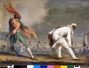 コメディア・デラルテのイタリアの仮面。スペッツァモンティ大尉とバガッティーノ。17世紀の無名の絵画。ミラノ、スカラ座博物館。 作： Italian School